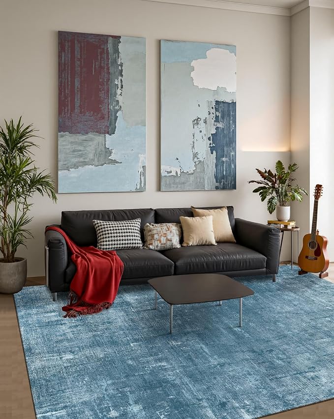 Latte&Fog 5x7 Area Rugs for Living Room Bedroom, Blue Modern Abstract Neutral Washable Rug, Boho Non Slip Low Pile Carpet for Dining Room, Dorm, Classroom, College Dorm, Farmhouse and Kids Room - Blue