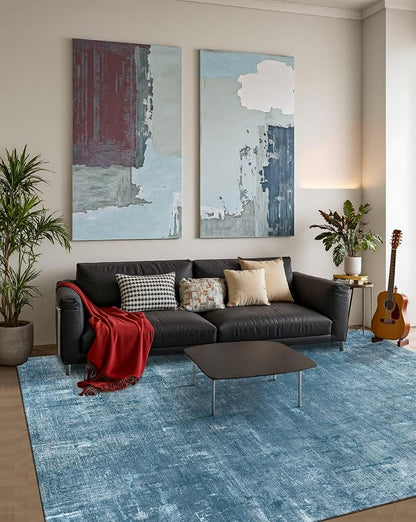 Latte&Fog 5x7 Area Rugs for Living Room Bedroom, Blue Modern Abstract Neutral Washable Rug, Boho Non Slip Low Pile Carpet for Dining Room, Dorm, Classroom, College Dorm, Farmhouse and Kids Room - Blue