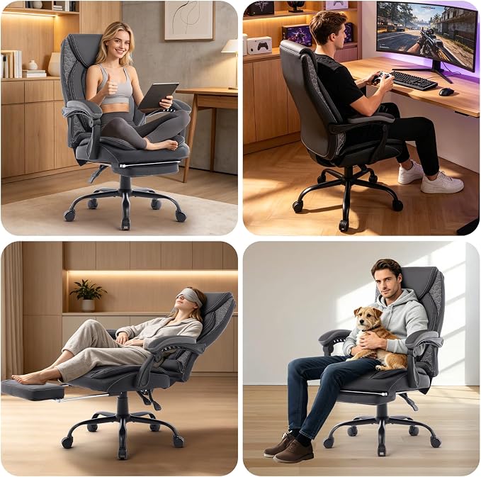 Reclining Ergonomic Office Chair with Footrest, Big Tall Recliner Office Desk Chairs with Lumbar Support, 400lbs Heavy Duty High Back Leather Executive Computer Chair with Wheels, Back Grey