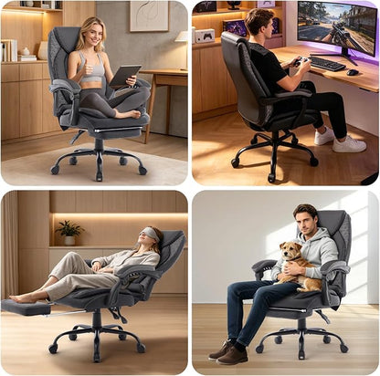 Reclining Ergonomic Office Chair with Footrest, Big Tall Recliner Office Desk Chairs with Lumbar Support, 400lbs Heavy Duty High Back Leather Executive Computer Chair with Wheels, Back Grey
