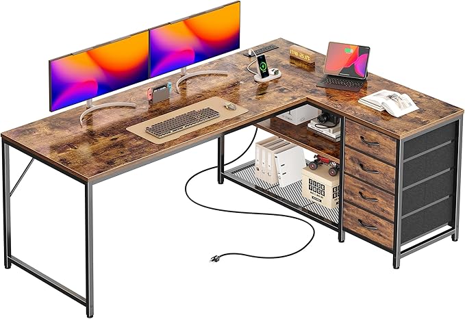 PRAISUN 53" L Shaped Desk with Power Outlets & USB-C Port, Reversible Computer Corner Office Desk with 4 Fabric Drawers and 2 Storage Shelves, Large Desk for Gaming Writing Work Study, Rustic Brown