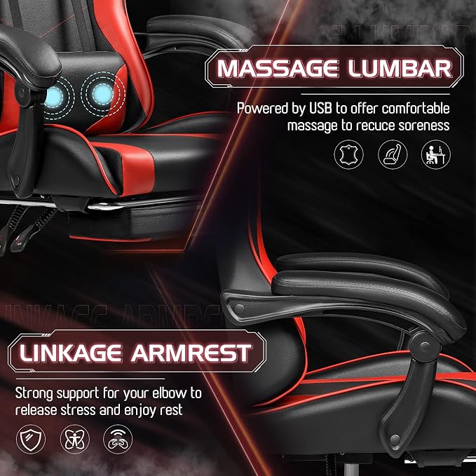 Homall Gaming Chair, Video Game Chair with Footrest and Massage Lumbar Support, Ergonomic Computer Chair Height Adjustable with Swivel Seat and Headrest (Red)