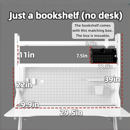 Desktop Hutch Bookshelf,Many Gifts,Metal Desktop Bookcase with pegboard, Desk Shelf White, Countertop Storage Organizer Rack for Dorm or Office,Desktop Shelves(White, 29.5" Lx9.9 Wx39 H)