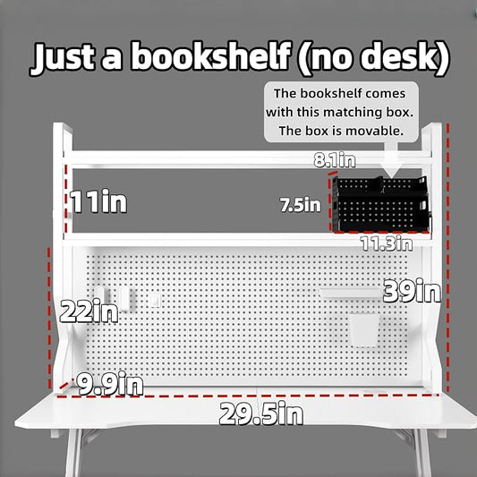 Desktop Hutch Bookshelf,Many Gifts,Metal Desktop Bookcase with pegboard, Desk Shelf White, Countertop Storage Organizer Rack for Dorm or Office,Desktop Shelves(White, 29.5" Lx9.9 Wx39 H)