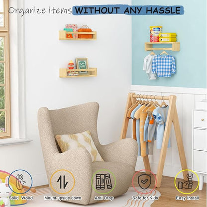 Harwaya Floating Nursery Book Shelves for Wall, Natural Wood Wall Bookshelf for Kids Room Bedroom, Small Wooden Hanging Baby Book Shelf and Toy Organizer for Nursery Girl Boy Toddler Child - Set of 3