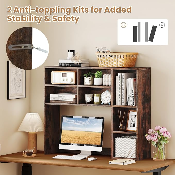 GOFLAME 7 Cubes Desktop Bookshelf, 37” Desk Organizer Shelf with 3 Adjustable Shelves, 3-Tier Wood Countertop Display Rack, Multipurpose Tabletop Desk Hutch for Dorm, Home Office, Rustic Brown