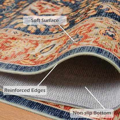Goideal Washable Rug 9x12, Vintage Area Rugs Non Slip, Indoor Low Pile Carpet with Rubber Backing for Living Room Kitchen Bathroom Entryway Office Bedroom, Navy Blue & Orange