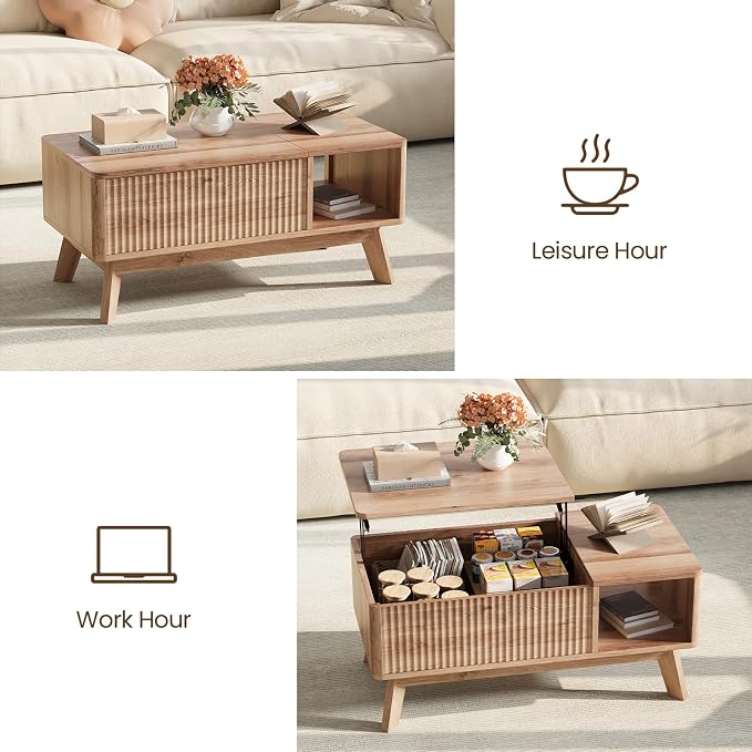 Wood Lift Top Coffee Table with Hidden Compartment and Large Storage Shelf, Lift Tabletop Dining Center Table for Home Living Room Office, Natural