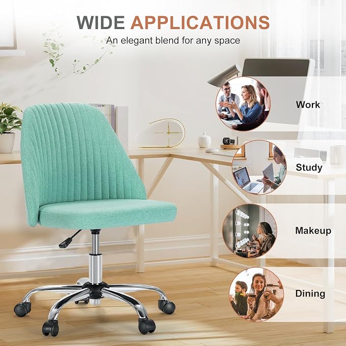 DUMOS Office Chair, Comfy Desk Chair Rolling Vanity Swivel Task Chairs with Wheels, Wide Seating Armless Height Adjustable Computer Chairs for Home,Bedroom,Student,Adults, Green