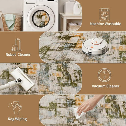 Ciicool Modern Abstract Rug for Living Room, 5'x7' Machine Washable Soft Area Rug Non-Slip Rug, Low-Pile Contemporary Indoor Dining Floor Carpet for Bedroom Office Under Table Home Decor Beige Green