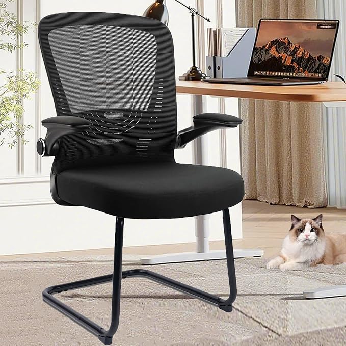 CLATINA Office Guest Chair Sled Base, Ergonomic Mesh Desk Chair Adjustable Lumbar Support and Flip Up Arms, Office Guest & Reception Chairs no Wheels for Conference Room, Black (1PK)