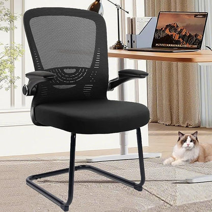 CLATINA Office Guest Chair Sled Base, Ergonomic Mesh Desk Chair Adjustable Lumbar Support and Flip Up Arms, Office Guest & Reception Chairs no Wheels for Conference Room, Black (1PK)