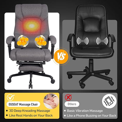 3D Kneading Massage Office Chair with Heat, 500 lbs Big and Tall Executive Computer Desk Recliner, Leather Electric Heated Office Chairs with Massage & Footrest, Gery