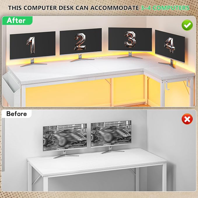 DurayLoly 55" 0.95 Thicker L Shaped Computer Desk for Home Office, White | Reversible Corner Desk with Power Outlet,Gaming Desk with LED Lights,Computer Desk for 2 Monitor,Study Room,Bedroom