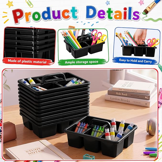 WILLBOND 12 Pcs Classroom Caddy with Handle Bulk Plastic Storage Caddy Organizer with 5 Compartment Portable Storage Bin for Pencil, Pen, Crayon, Marker, Home, Office, School Supply(Black)