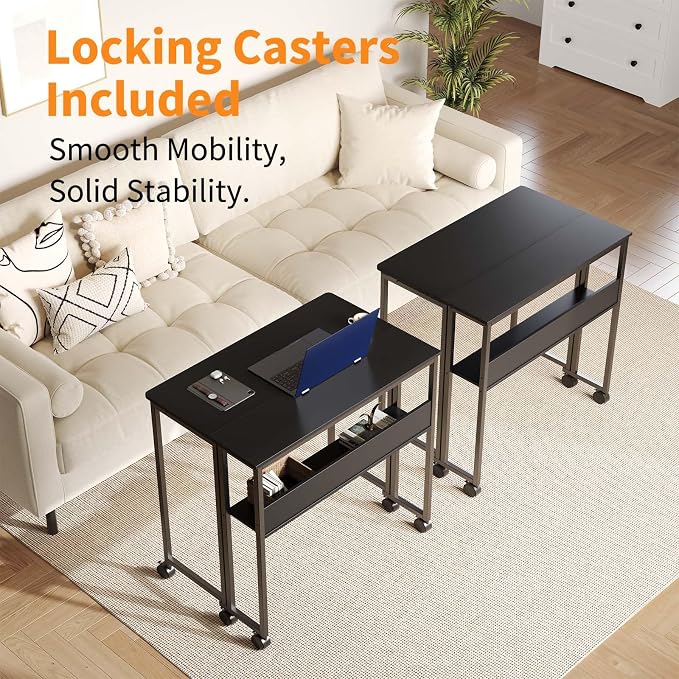 24.8" Folding Rolling Desk with Storage Shelf, Small Foldable Computer Table on Wheels for Home Office & Small Spaces, Portable Workstation with Brakes, Black