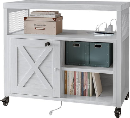 FUSUNBAO Farmhouse Printer Stand with Storage, Rolling Printer Cabinet with Shelves, Charge Station, Wheels, and File Cabinet for Home Office Storage (White)