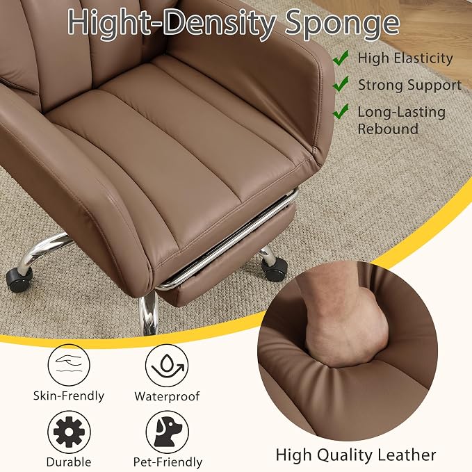 Ergonomic Cross Legged Office Chair with Footrest,Leather Big and Tall Executive Chair with Lumbar Pillow,Reversible Armrest for Pets,155° Reclining Computer Wide Desk Chair for Home,Office, Brown