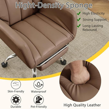 Ergonomic Cross Legged Office Chair with Footrest,Leather Big and Tall Executive Chair with Lumbar Pillow,Reversible Armrest for Pets,155° Reclining Computer Wide Desk Chair for Home,Office, Brown