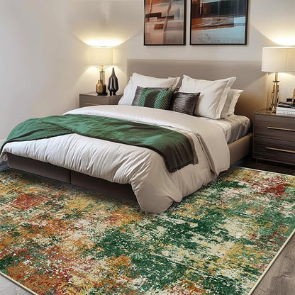 RELEANY Washable Area Rugs 9'x12' Non-Slip Modern Abstract Soft for Living Room Entryway Bedroom Kitchen, Print Pattern, Green Orange Rust Red Cream Colorful