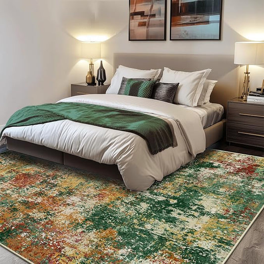 RELEANY Washable Area Rugs 5'x7' Non-Slip Modern Abstract Soft for Living Room Entryway Bedroom Kitchen, Print Pattern, Green Orange Rust Red Cream Colorful