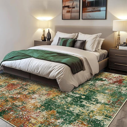 RELEANY Washable Area Rugs 10'x14 Non-Slip Modern Abstract Soft for Living Room Entryway Bedroom Kitchen, Print Pattern, Green Orange Rust Red Cream Colorful