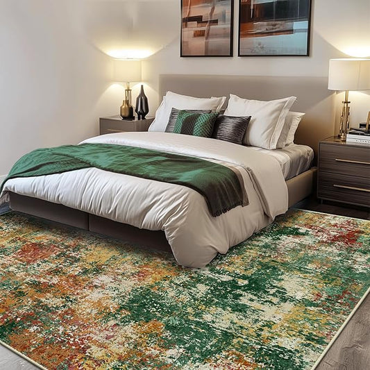 RELEANY Washable Area Rugs 10'x14 Non-Slip Modern Abstract Soft for Living Room Entryway Bedroom Kitchen, Print Pattern, Green Orange Rust Red Cream Colorful
