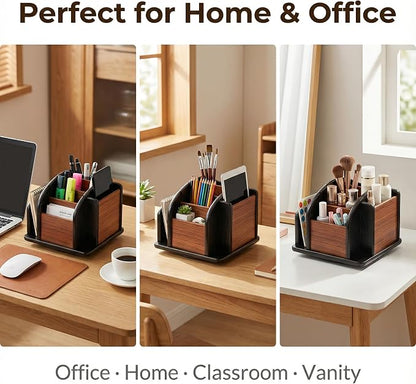Wooden Desk Organizer with 6 Compartments, Remote Control Holder, Office Storage Caddy, Black and Brown Desk Organizer for Office Supplies