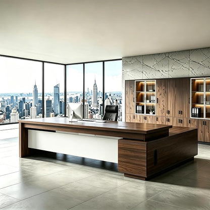 L Shaped Executive Desk with Drawers, Modern Large Wood Home Office Desk, Computer Desk with Storage for Boss Office Workstation