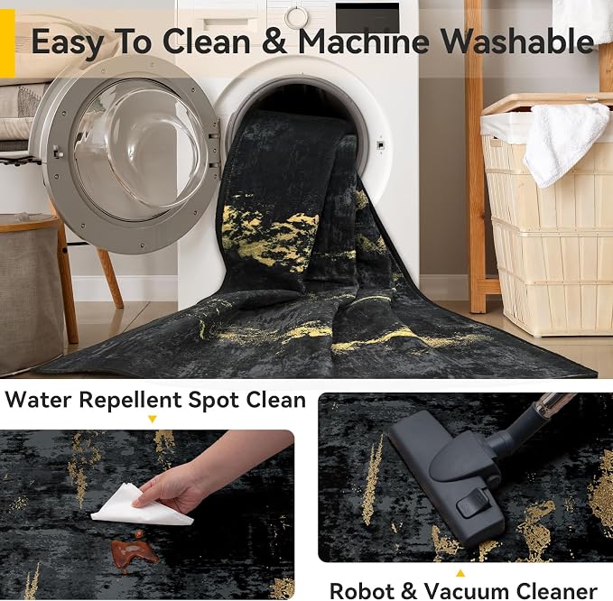 RELEANY Washable Area Rugs 2'x8' Non-Slip Modern Abstract Soft for Living Room Entryway Bedroom Kitchen, Print Pattern, Dark Black Gold