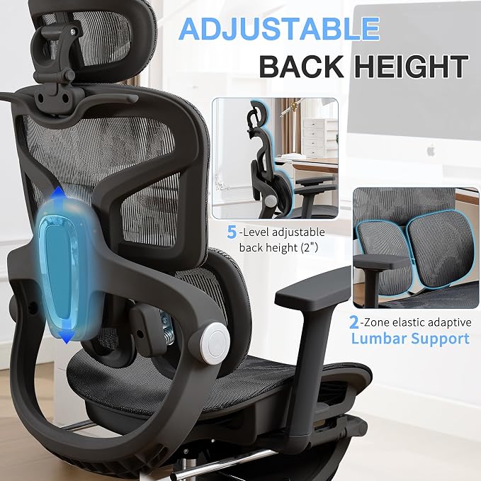 Ergonomic MeshOffice Chair with 2-Zone Lumbar Support and Footrest,Black | Big and Tall, 400LBS, Adjustable Seat Depth, 4D Headrest, 4D Armrests Swivel Executive Chair for Home Office