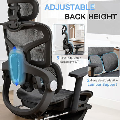 Ergonomic MeshOffice Chair with 2-Zone Lumbar Support and Footrest,Black | Big and Tall, 400LBS, Adjustable Seat Depth, 4D Headrest, 4D Armrests Swivel Executive Chair for Home Office