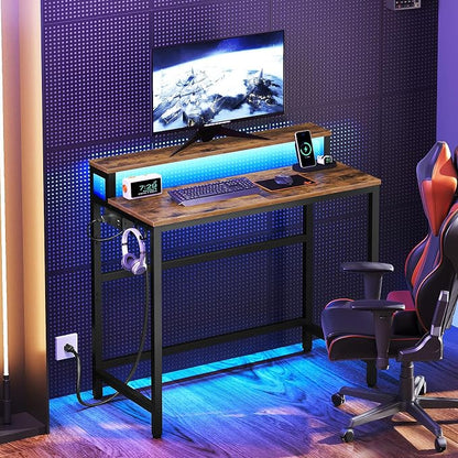 YATINEY Small Computer Desk with Charging Station and LED Lights, Gaming Desk with Monitor Stand, 2-Tier Home Office Desk with 4 Side Hooks, for Living Room, Home Office, Rustic Brown DN01UDBRY2