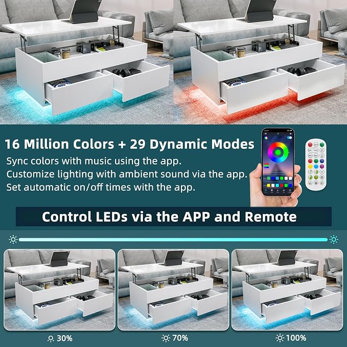 HOMMPA 40'' Lift Top Coffee Table for Living Room, White Coffee Tables with Storage, LED Modern Coffee Table Rectangular White Gloss, Flip Top Center Table with 2 Drawers and Hidden Compartment