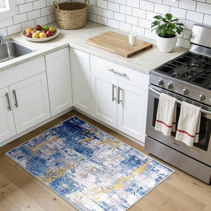 RELEANY Washable Area Rugs 3x4 Non-Slip Modern Abstract Soft for Living Room Entryway Bedroom Kitchen, Print Pattern, Grey Blue Gold/Golden