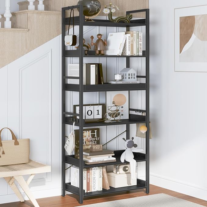 HCHQHS 6 Tier Bookshelf, Adjustable Industrial Bookcase, Vertical Tall Book Shelf, Wood and Black Metal Open Bookshelves for Home Office, Living Room, Bedroom, 70 Inch