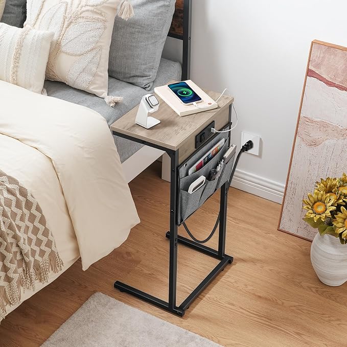 HOOBRO C Shaped End Table with Charging Station, 28" H Couch Side Table Slide Under, Sofa Arm Tray Table with Storage Bag for Living Room, Recliner, Greige BG70USF01