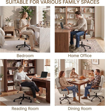 KISLOT Home Office Desk Chair, Ergonomic Office Chair with Lumbar Support, Adjustable Swivel Computer Chair with Wheels, Fabric Executive Task Chair with Wood Arms, Set of 2, Khaki
