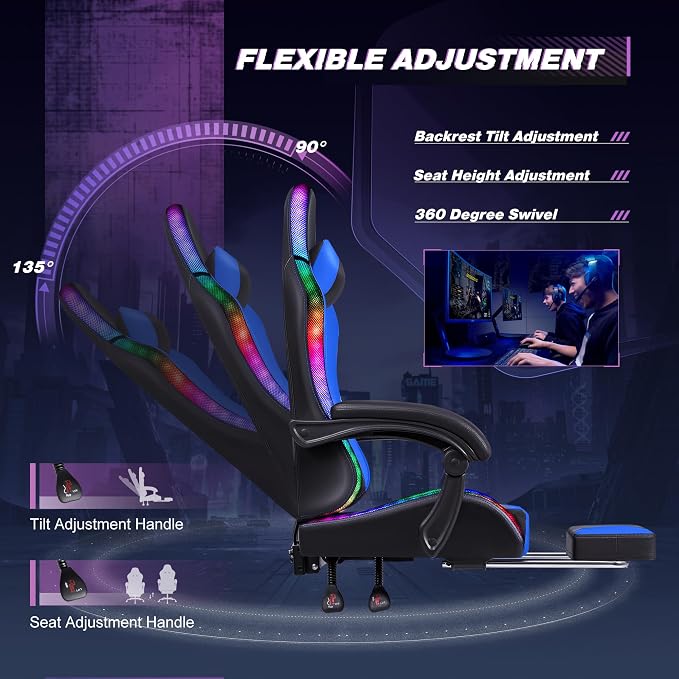 Homall Gaming Chair, Video Game Chair with Footrest and Massage Lumbar Support, Ergonomic Computer Chair Height Adjustable with Swivel Seat and Headrest (RGB Blue)