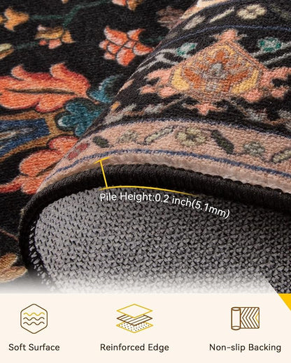 RELEANY Area Rugs Runner 3'x8' Washable Non-Slip, Floral Vintage Distress Medallion Carpet for Kitchen Hallway Bedroom Beside Laundry Room Bathroom, Black Colorful Floral Dark Tan