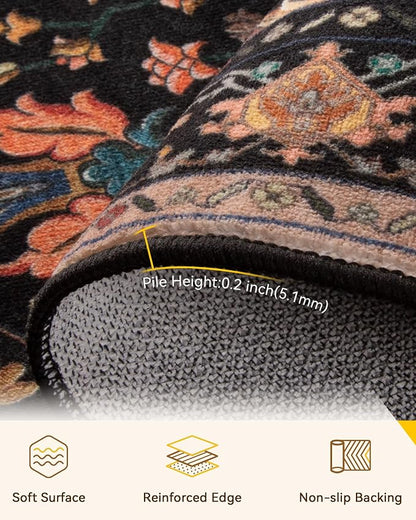 RELEANY Area Rugs Runner 3'x20' Washable Non-Slip, Floral Vintage Distress Medallion Carpet for Kitchen Hallway Bedroom Beside Laundry Room Bathroom, Black Colorful Floral Dark Tan