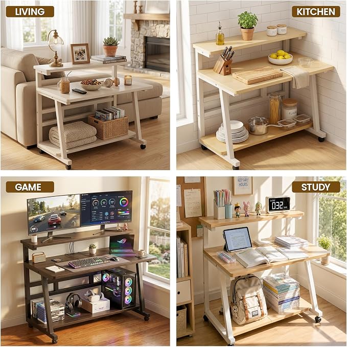 47.2 Inch Compact Rolling Computer Desk with Tier Worktable & Lockable Wheels, Small Computer Desk, Small Desk for Bedroom, Mobile Writing Workstation Easy Assembly for Home Office Small Spaces