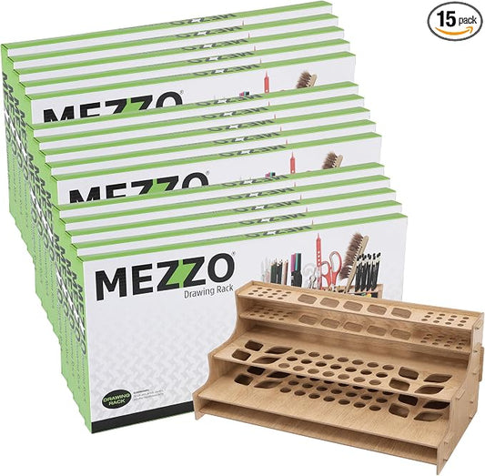 HG Art Concepts Mezzo Artist Drawing Rack, 15 Pack - Wood Grain Laminate Multi Layer Desk Stand Professional Storage Display Organizer for Pens, Pencils, Drafting and all other Drawing Tools