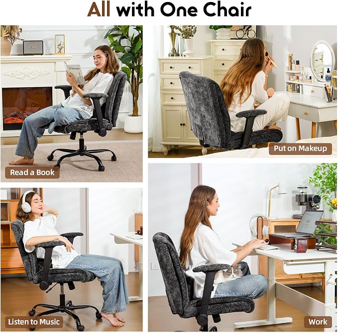Criss Cross Chair with Wheels & Flip Arms, Wide Cross Legged Office Chair with Adjustable Tilt Criss-Cross Desk Chair with Lumbar Support for Home Office, Bedroom, Apartment Black