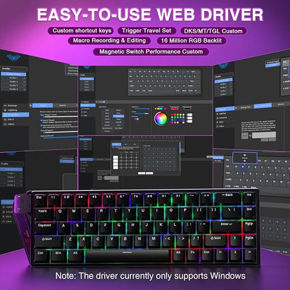 AULA WIN68 HE Mechanical Gaming Keyboard 60%, Hall Effect Magnetic Switch, Fast Trigger Mode Adjustable Actuation, 8000Hz Polling Rate, RGB Backlit, Wired Black Keyboard for Laptop/PC Gamer