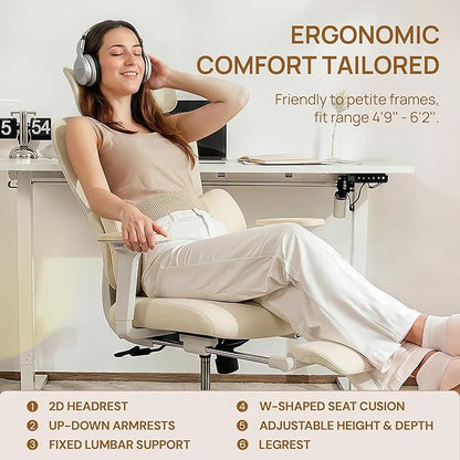 CabLady S1 High Back Ergonomic Mesh Office Chair with Footrest, 300 lbs | 115° Recline Lock, Adjust Seat Depth, 2D Arms, 3D Headrest, Detachable Lumbar Support, Breathable Mesh, BIFMA, Cream