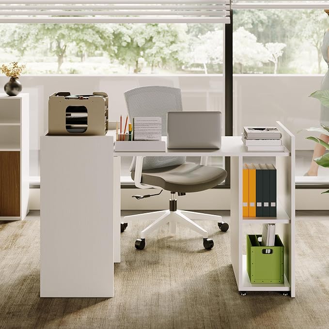 OUTLANE Multi-Function Folding Desk, Expandable Computer Table with Wheels, Storage Shelves & Drawer, 50 inch Foldable Workstation for Small Office, Apartment, Gaming - White