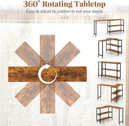 Tangkula Large 360° Free Rotating Sofa Side Table, Patented Mobile Couch Desk with 2-Tier Storage Shelves, Movable Laptop Desk with Sturdy Metal Frame, Extendable Couch Snack Table for Home Office