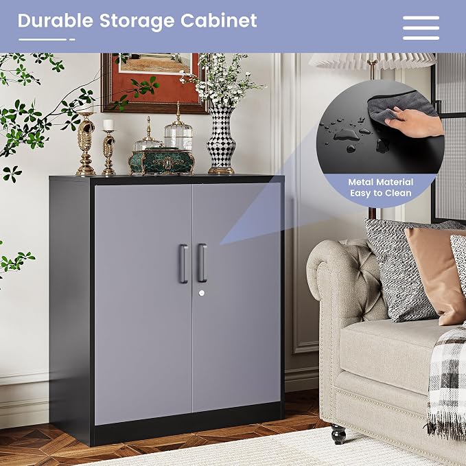 Metal Tool Storage Cabinet with Doors and Adjustable Shelves,Lockable Steel Cabinet for Garage,Home,Office and School Assembly Required(Grey)