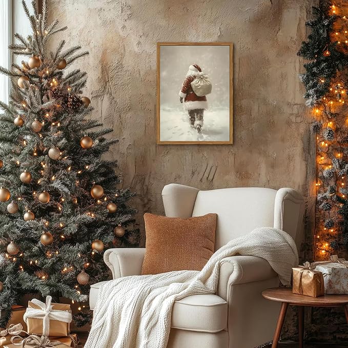 Framed Vintage Christmas Canvas Wall Art, Rustic Santa Claus Walking Snowy Wall Decor Paintings, Winter Holiday Aesthetics Pictures Print Christmas Home Decor for Living Room Bedroom 16x24inch